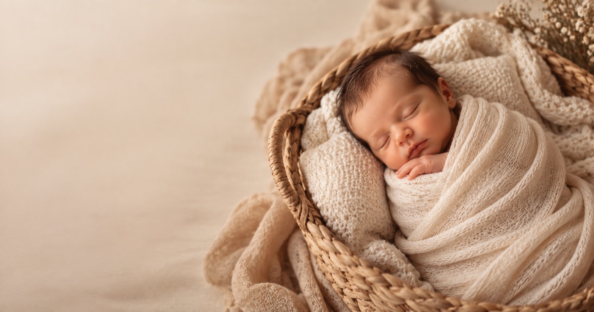 Ensaio newborn de recém-nascido dormindo, em cesto com manta