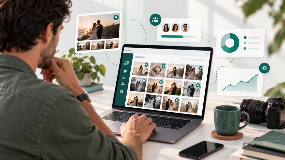 Fotógrafo acompanhando a seleção de fotos do cliente em tempo real